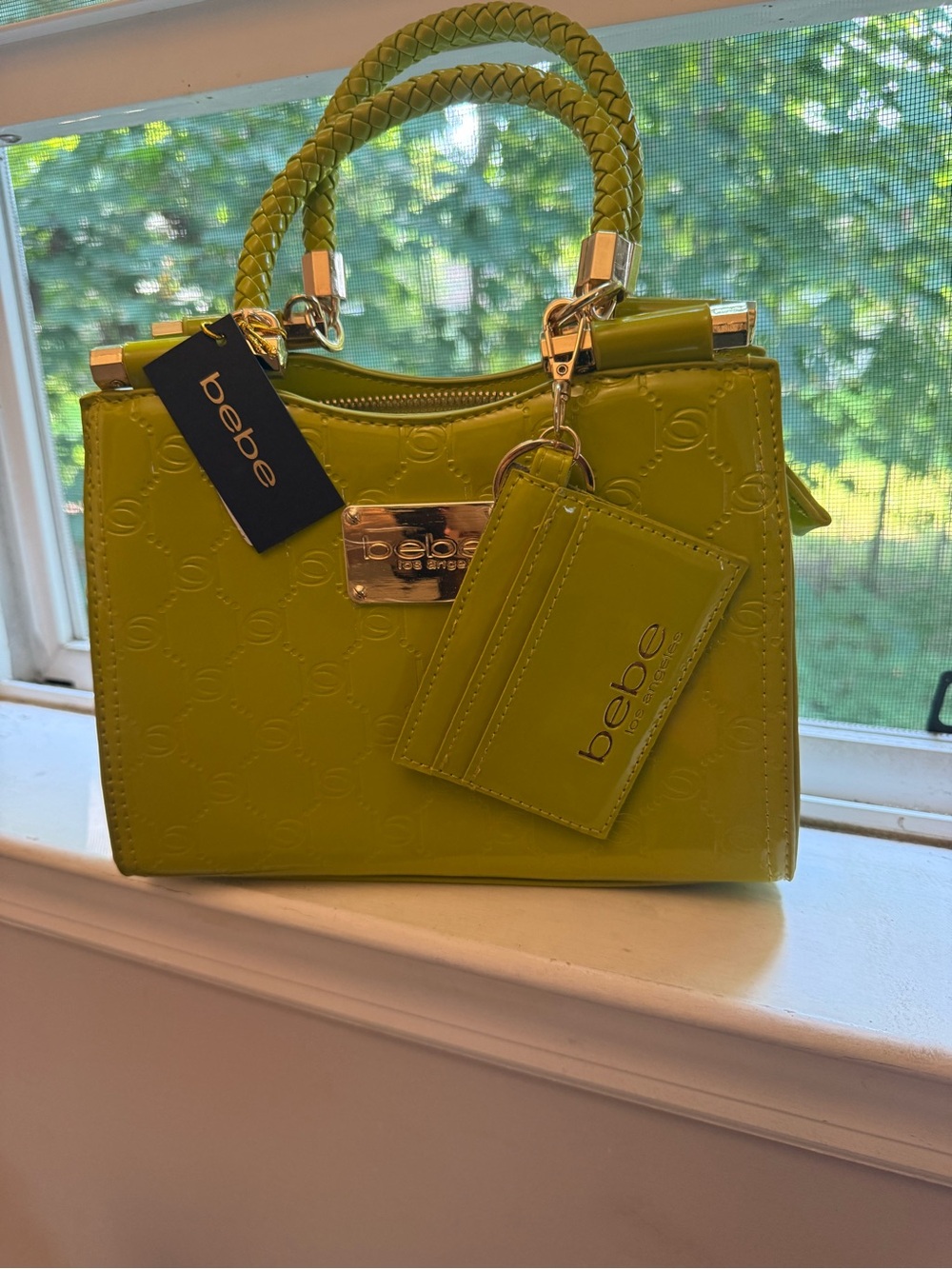 bebe lime patent braided-handle satchel with cardholder retail $109 fancy bag